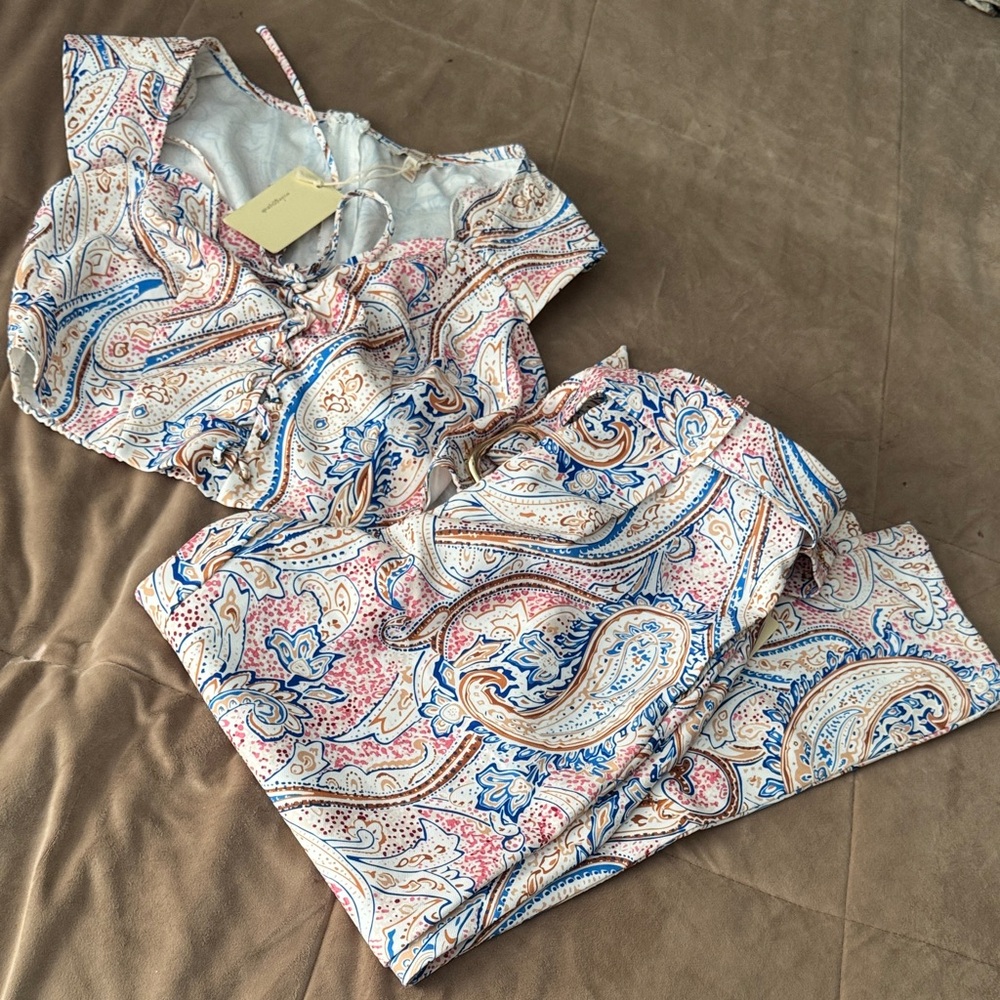 Paisley Print Women's Two-Piece Set - White Multi